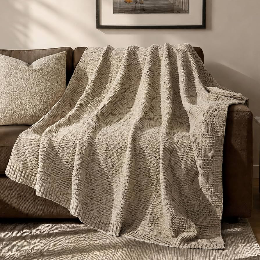 EVERGRACEHOME Modern Checkered Chenille Throw Blanket, 50x60, Sand Dune | Amazon (US)