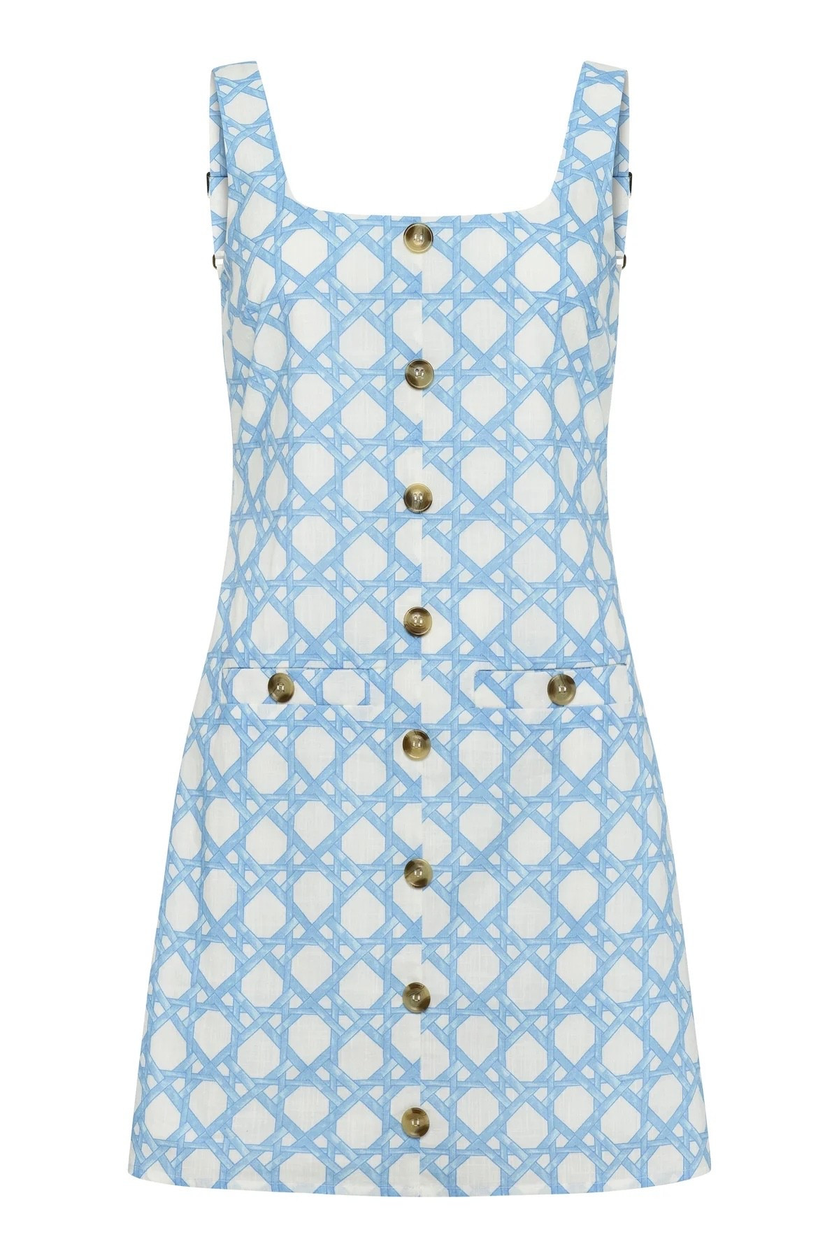 Cane print dress, blue and white dresses, summer dresses, cane pattern trellis lattice print
