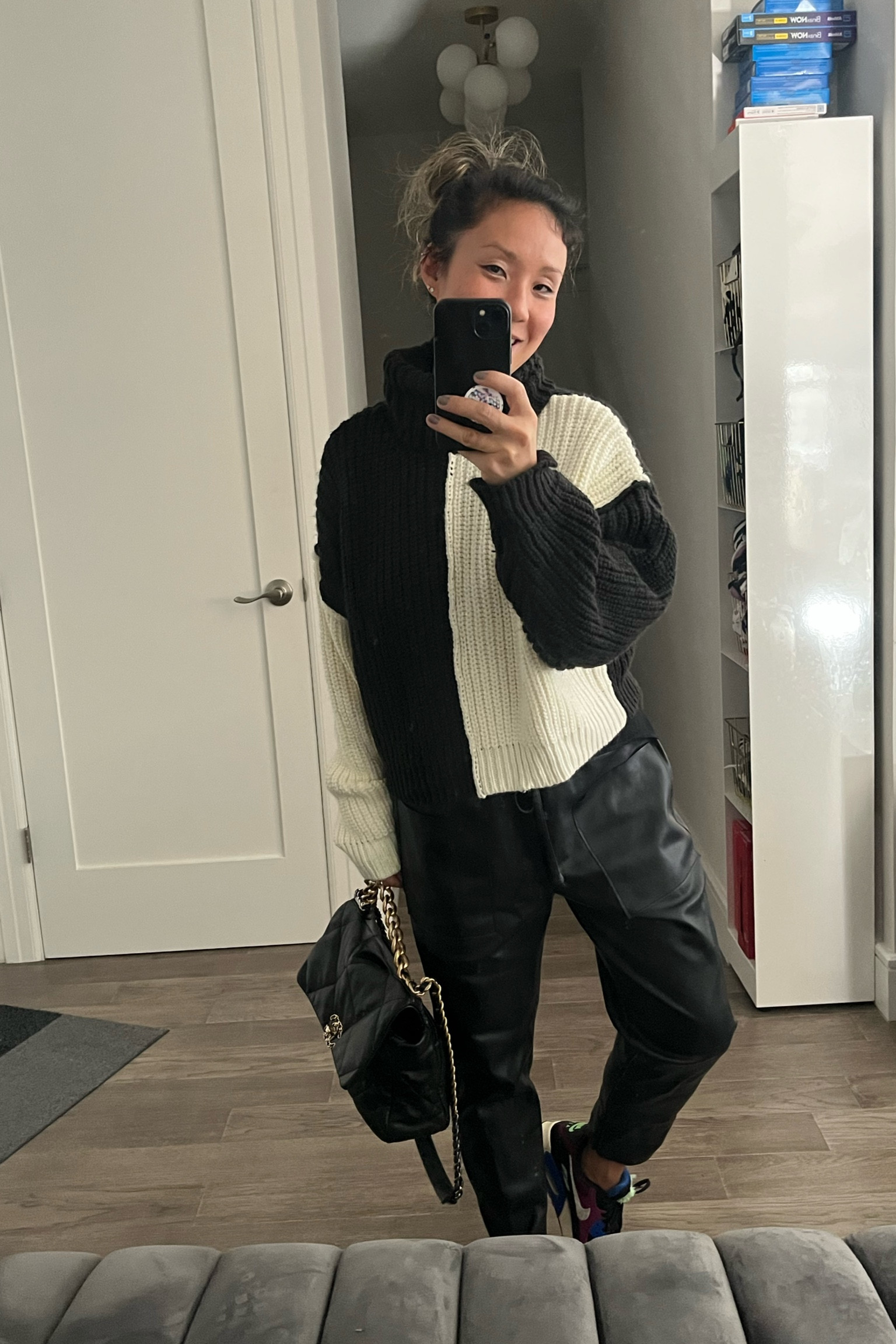 Staying cozy in my sweater. Old Zara. Black and white colorblock. Fall outfit. Leather joggers. Mommy casual.

#LTKunder100 #LTKunder50 #LTKshoecrush