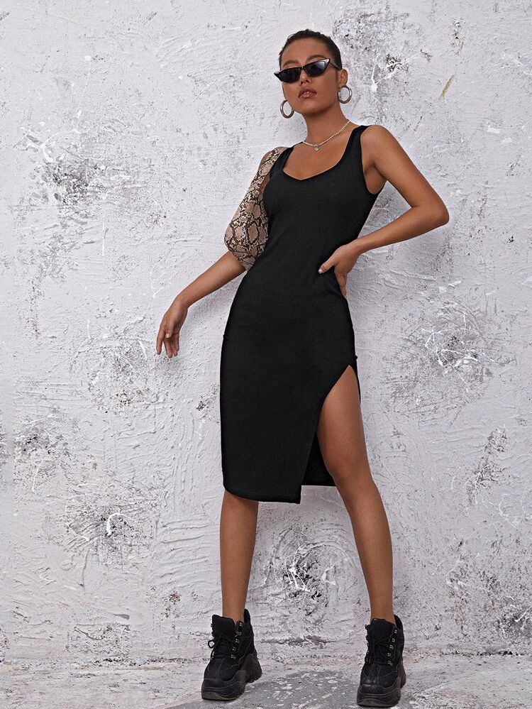 SHEIN Split Thigh Solid Dress | SHEIN