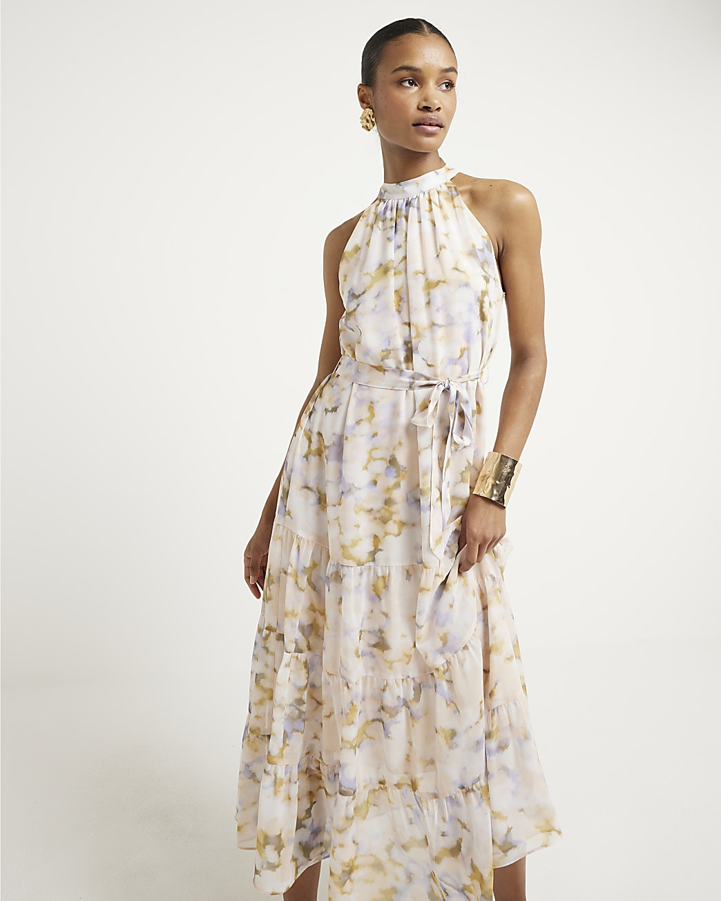 White abstract halter neck shift midi dress | River Island (UK & IE)