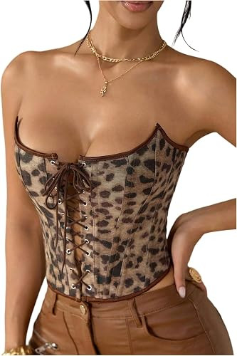 RoseSeek Women's Cropped Leopard Cheetah Corset Tops Sexy Lace Up Tube Bustier Overbust Top Y2k C... | Amazon (US)