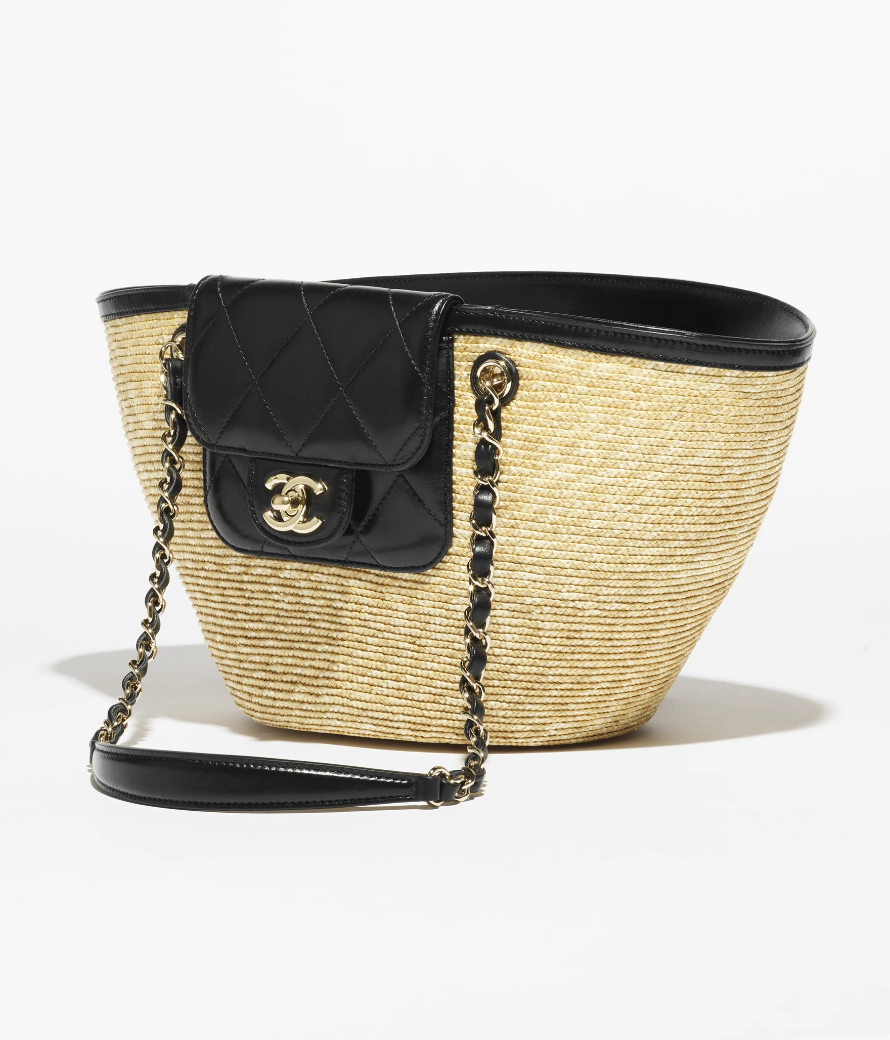 Small shopping bag, Braided straw, lambskin & gold-tone metal, beige & black — Fashion | CHANEL | Chanel, Inc. (US)