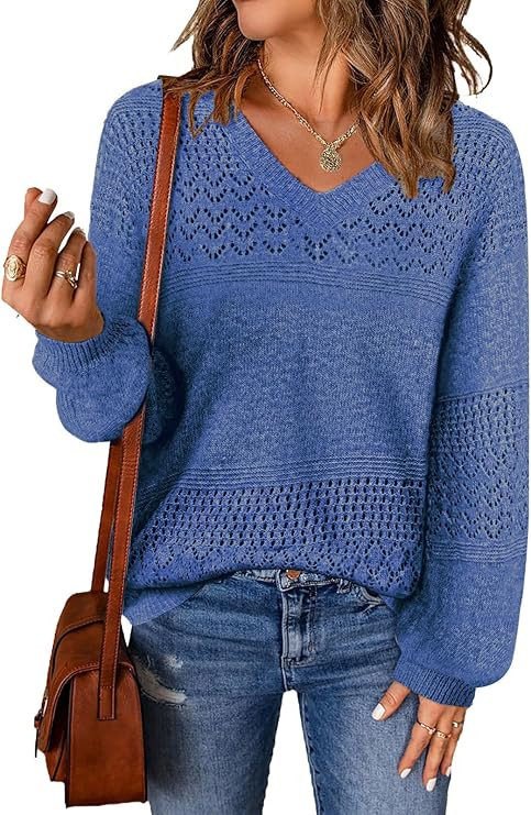 MixShe Womens Knit Sweaters 2026 Fall V Neck Long Sleeve Pullover Casual Loose Tops | Amazon (US)