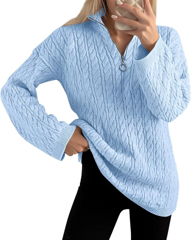 Imily Bela Womens Cable Knit Half Zip Sweater V Neck Collared Fall Trendy Oversized Long Sleeve P... | Amazon (US)