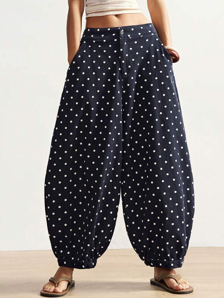 SHEIN BohoFeels Boho Spring/Summer Outerwear, Vintage Women's Casual Woven Black And White Polka Dot Print Pants, Valentines For Women, Western Country Style Concert Party, Suitable For Beach Vacation & Daily Wear & Back To School & Going Outs & Party, 2000s , Summer Holidays | SHEIN