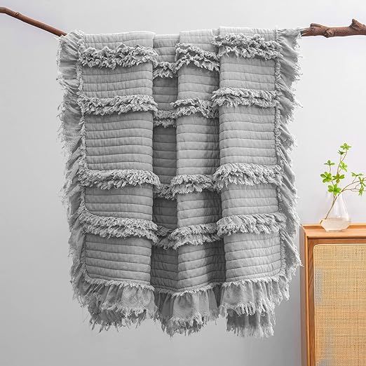 HORIMOTE HOME Stone Washed Quilted Throw Blanket with Ruffle Fringe Design - Soft & Chic Rustic D... | Amazon (US)