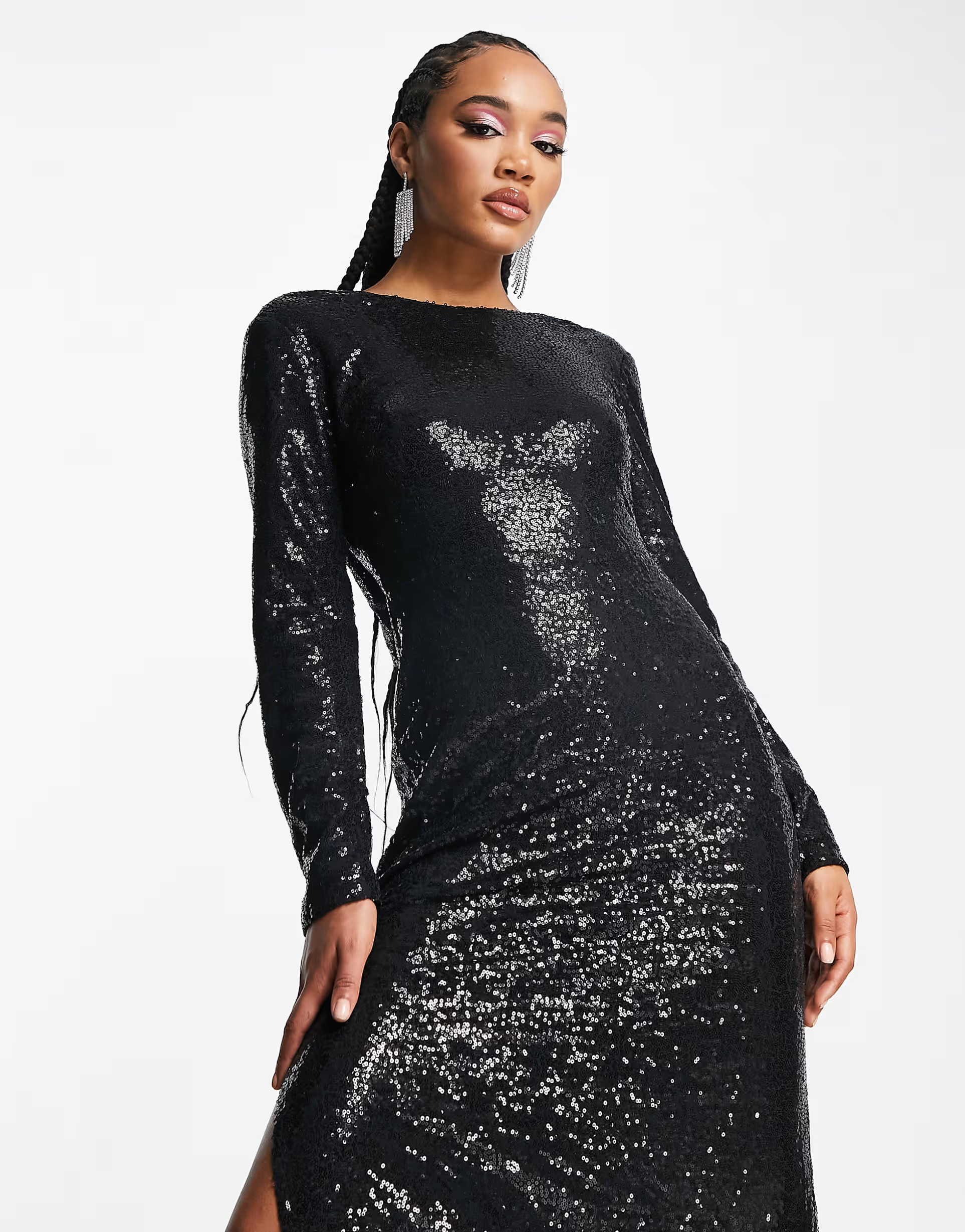 NaaNaa sequin maxi dress with drapped back in black | ASOS (Global)
