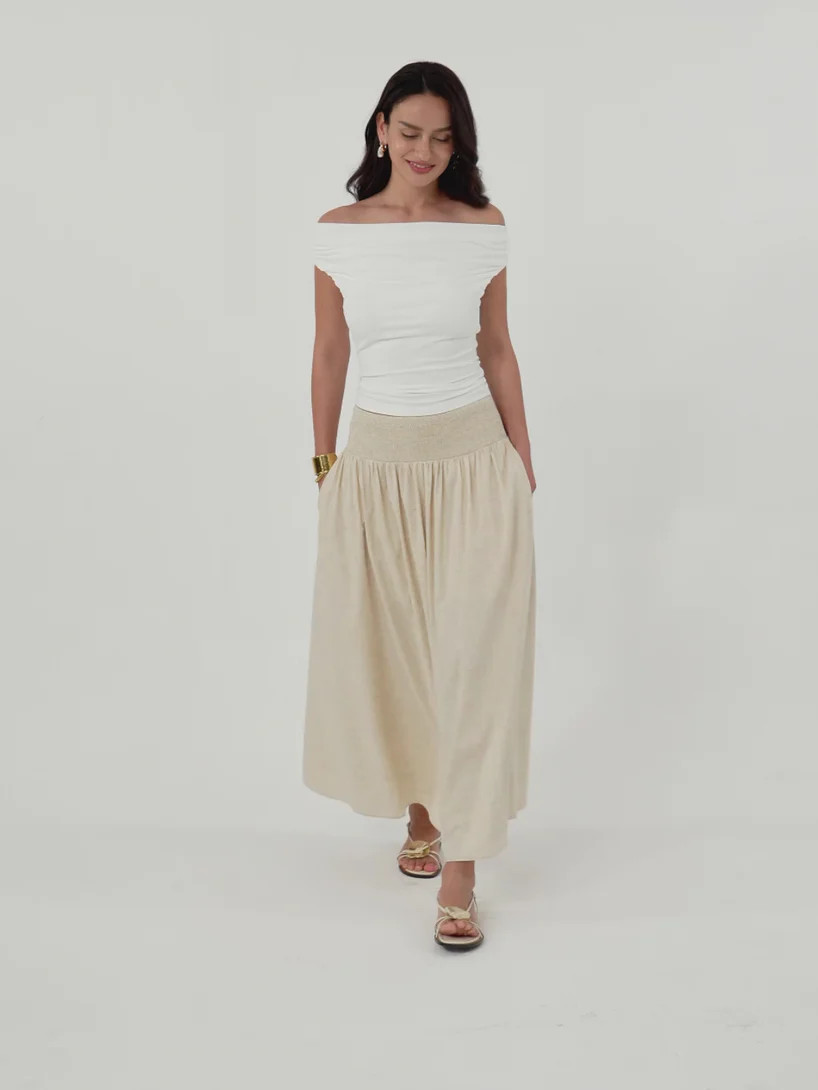 European Linen Smocked Waist Skirt with Pockets | OGLmove