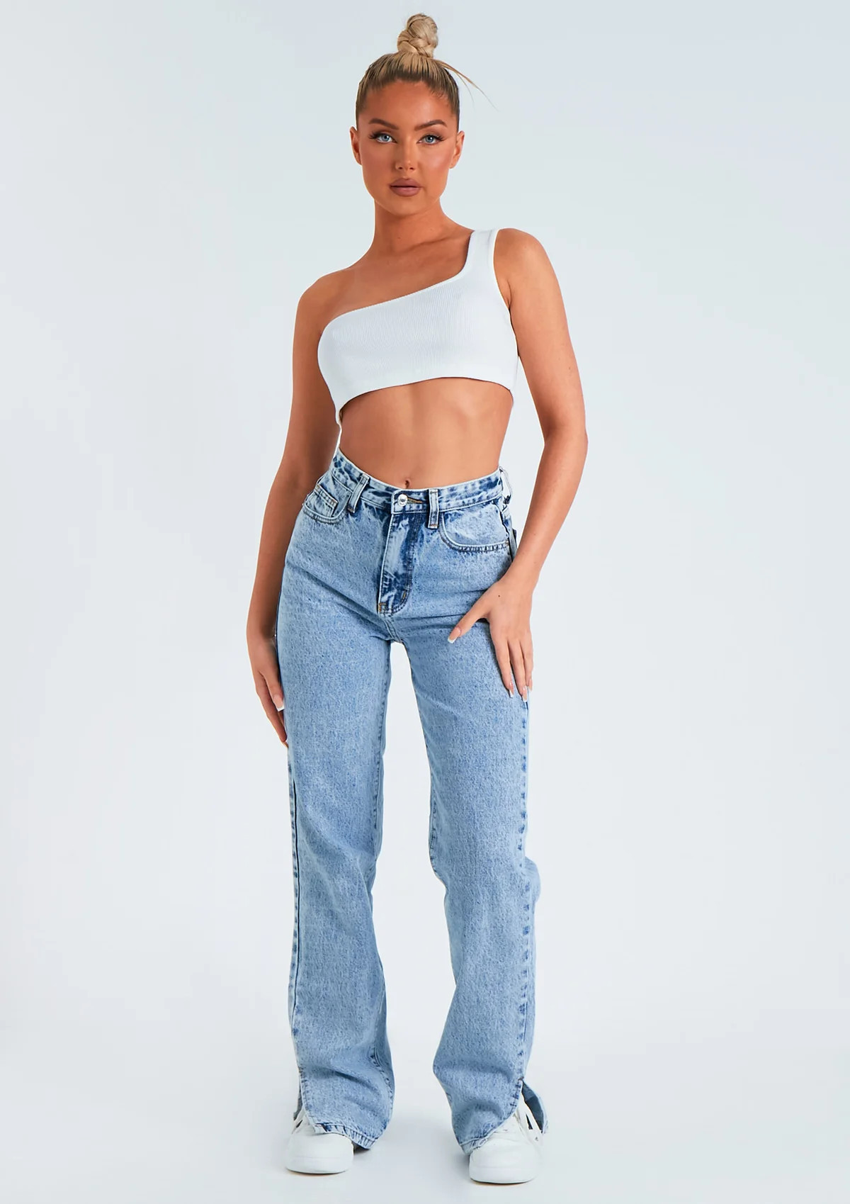 Perrie Denim Acid Wash Straight Leg Split Detail Jeans | Missy Empire | Missy Empire (UK)