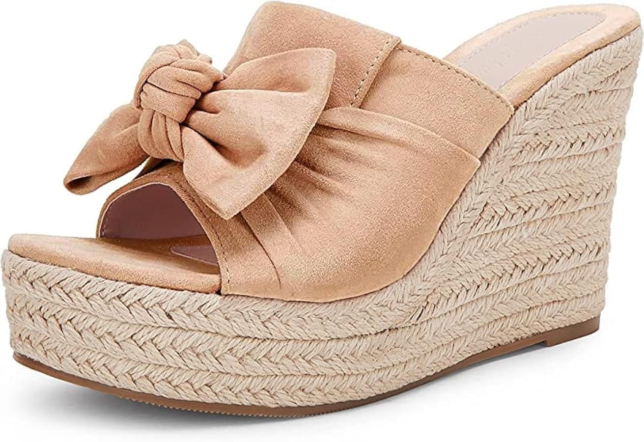 PiePieBuy Womens Platform Espadrilles Slip On Wedge Sandals Bow Tie Open Toe Slides Shoes | Amazon (US)