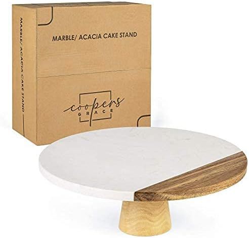 Marble and Wood Cake Stand, 12" Inch Diameter - White Marble and Acacia Pedestal for Dessert Disp... | Amazon (US)