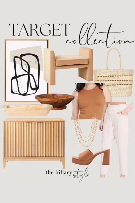 Target Collection: Home decor and fashion finds for spring. Reeder cabinet, framed neutral art, ottoman, dough bowl, footed wood bowl, straw bag, brown tank, white pants, heeled mule sandals, layered gold necklace. Neutrals for spring. Spring outfit, spring home decor 

#LTKstyletip #LTKFind #LTKhome