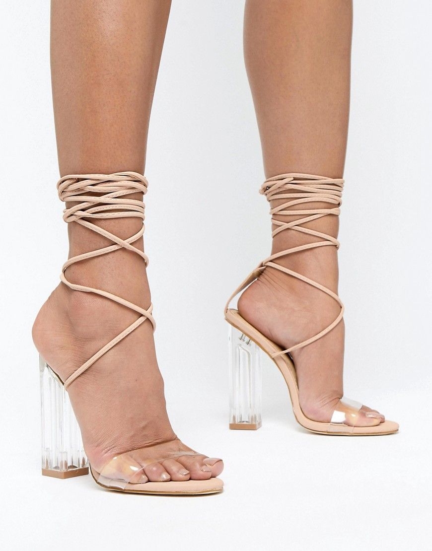 Boohoo Clear Heel Tie Up Sandal - Tan | ASOS US