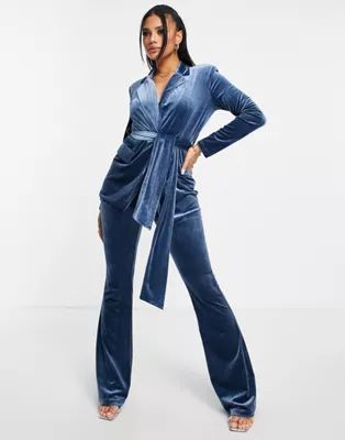ASOS DESIGN velvet suit kickflare pants in blue | ASOS (Global)