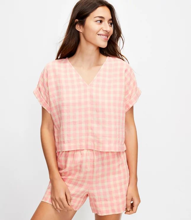 Lou & Grey Gingham Linen V-Neck Top | LOFT