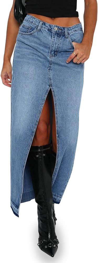 Fisoew Women's Long Denim Maxi Skirts High Waisted Frayed Hem Western Split Jean Skirt Streetwear | Amazon (US)