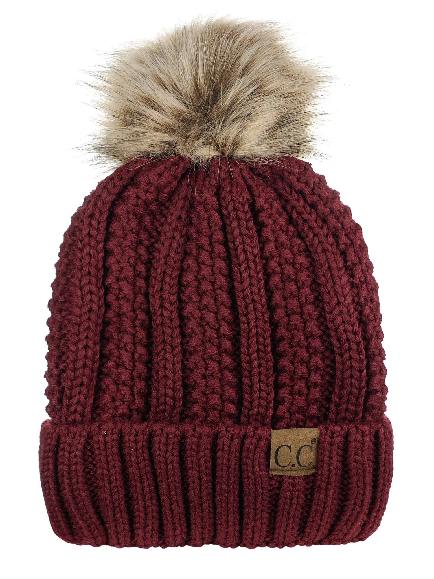 C.C Thick Cable Knit Faux Fuzzy Fur Pom Fleece Lined Skull Cap Cuff Beanie, Maroon | Walmart (US)