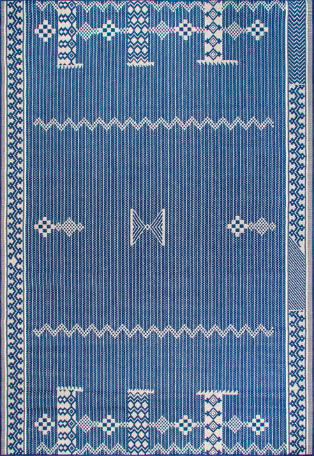 Navy Tribal Indoor/Outdoor Flatweave 6' 7" x 9' Area Rug | Rugs USA