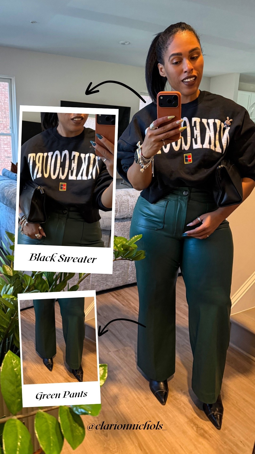 Saturday brunch look ✨
A black @Nike US cropped sweater styled with @Anthropologie hunter green vegan leather slacks, black and cream Vince Camuto cowboy boots, and a Gucci clutch 

#LTKgrwm #LTKdayinmylife #LTKootd
