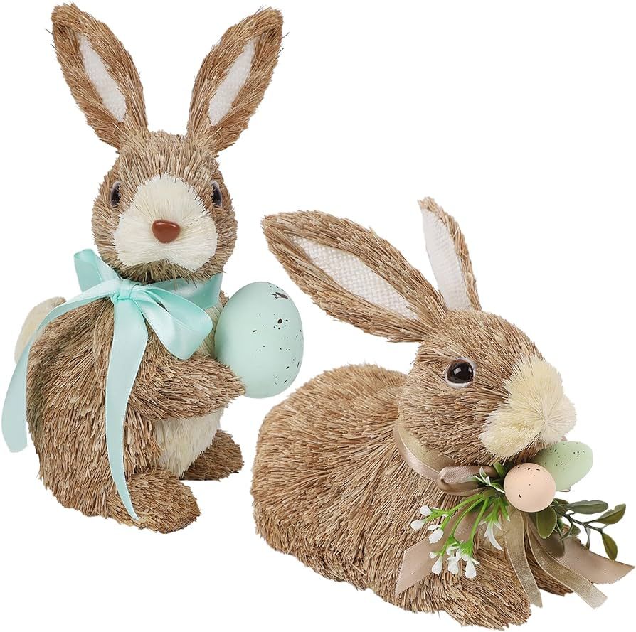DR.DUDU Set of 2 Easter Decorations Bunny Figurines with Eggs, Spring Straw Rabbit Tabletop Decor... | Amazon (US)