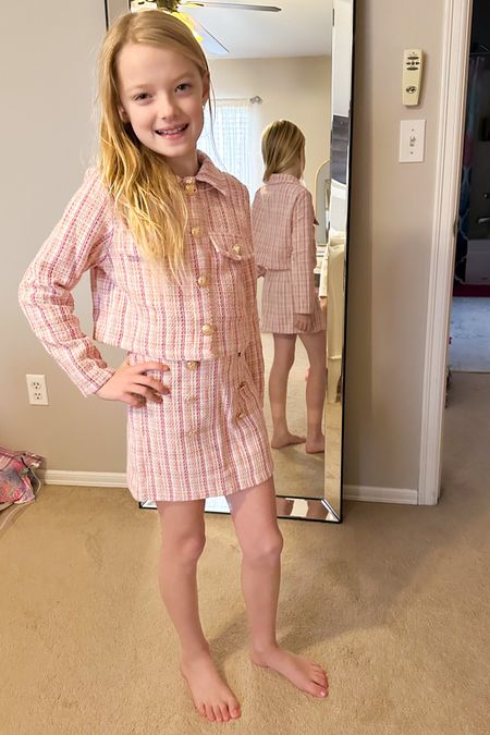 Kids Shein try on haul! Kids clothes. Girls style. Tween style. Grabbed Aurora this cute two-piece matching pink tweed set. It's going to look adorable in London! 

#LTKkids