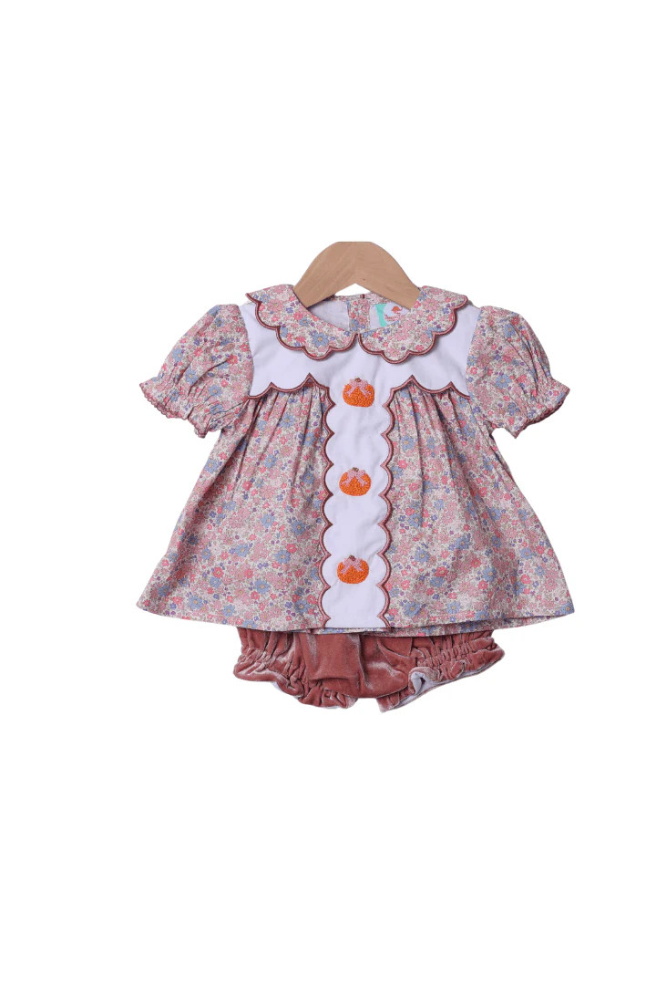 Hand Embroidered Floral Bow Pumpkin Velvet Bloomer Set | The Smocked Flamingo
