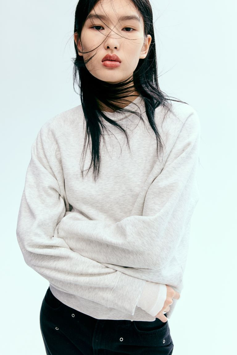 Sweatshirt - Round Neck - Long sleeve - Light gray melange - Ladies | H&M US | H&M (US + CA)