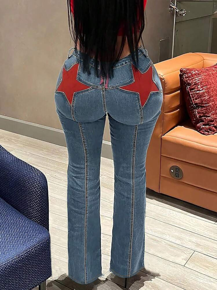 Y2K Street Vintage Star Print Seam Detail Slant Pocket None-Stretchy Wide Leg Jeans | SHEIN