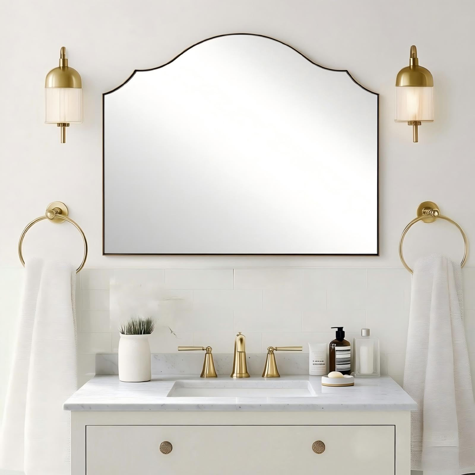 ANDY STAR Scalloped Arched Mantel Mirror, 32x28 Inch Brushed Gold Vanity Mirror in Stainless Stee... | Amazon (US)
