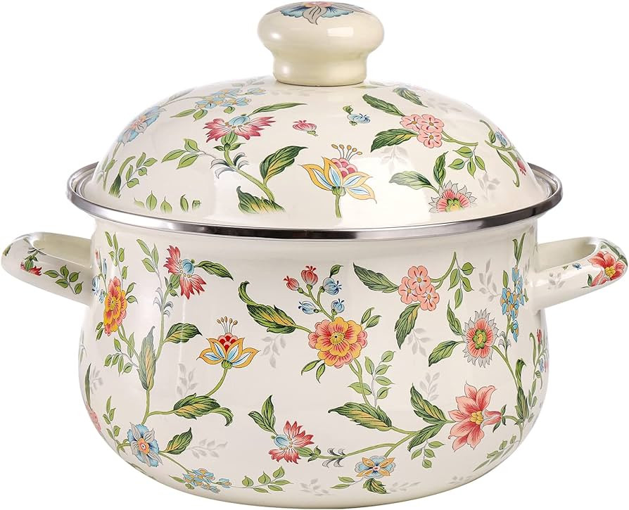 Jucoan 2.8 Quart Vintage Enamel Stockpot with Lid, Green Floral Induction Cooking Pot Simmer Pot ... | Amazon (US)
