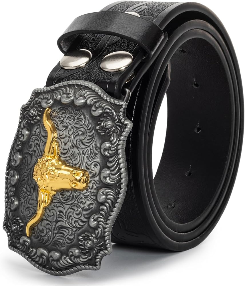 Western Cowboy-Belts for Men Big-Buckle Longhorn-Bull PU-Leather Rodeo Cowgirl-Belt Engraved Flor... | Amazon (US)