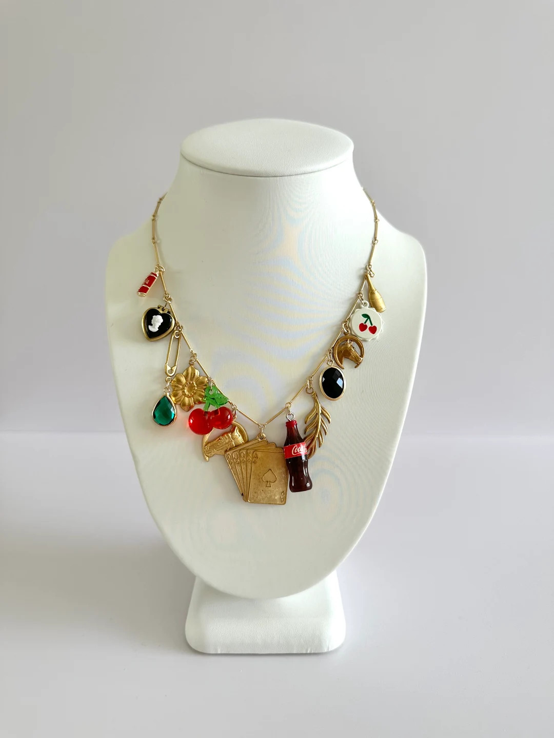 Deck of Cards Gold Plated Statement Vintage Charm Necklace / Cherry Coca Cola Cameo Horseshoe Raw... | Etsy (US)