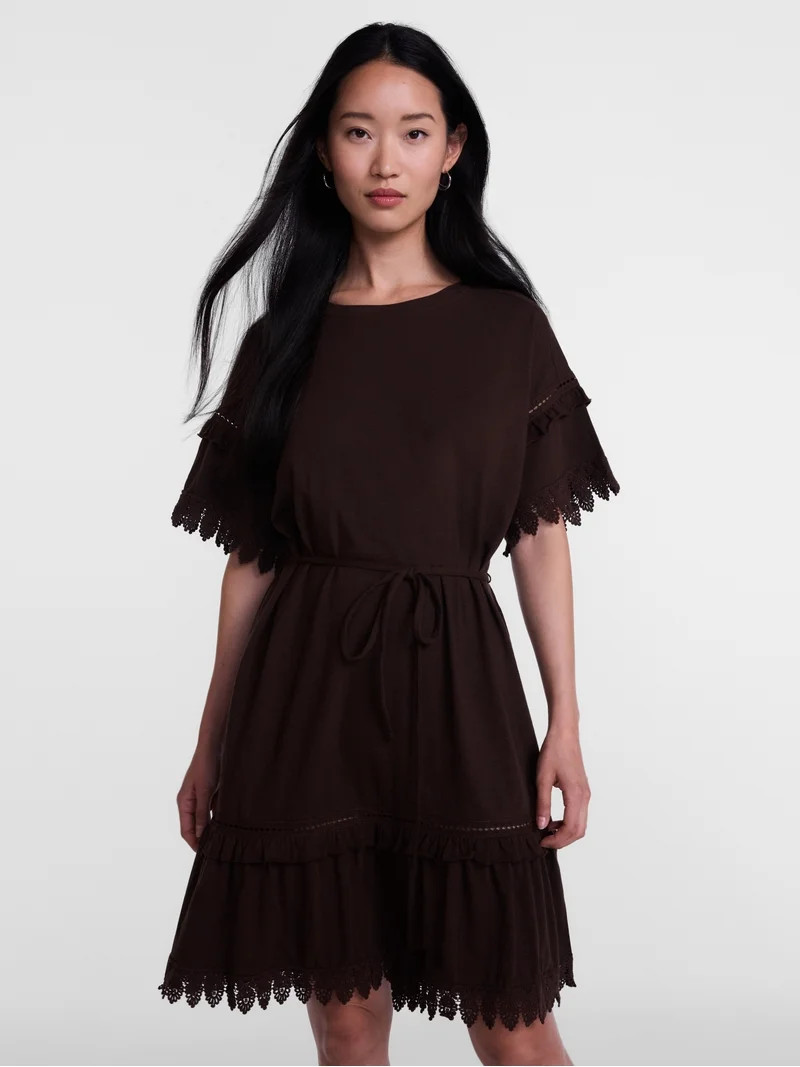 Scenario Women's Lace Trim Knit Dress with Short Sleeves, Sizes XS-XXXL | Walmart (US)