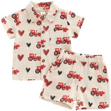 VISGOGO Toddler Baby Boys Valentine's Day Shorts Sets Short Sleeve Lapel Tractor Heart Print Shir... | Amazon (US)