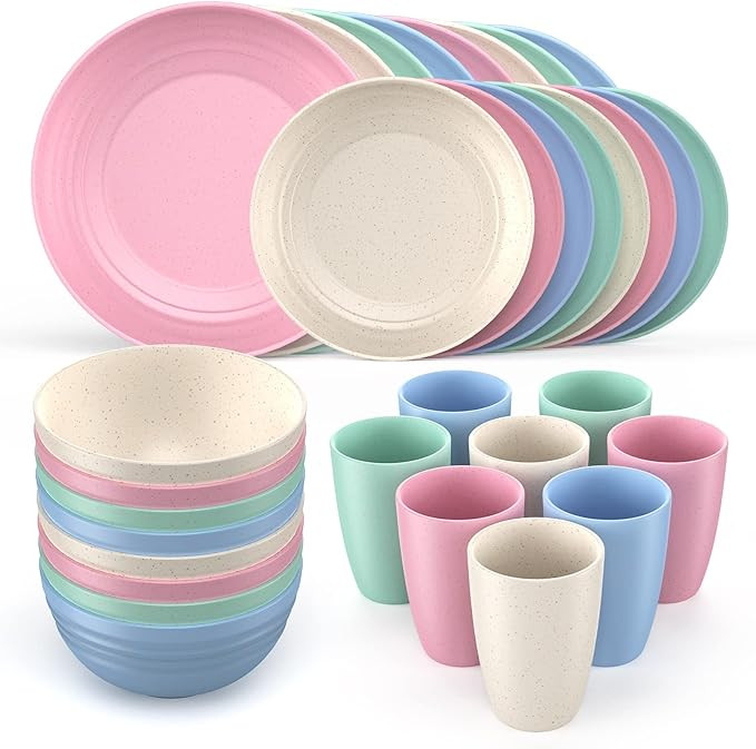 wheat straw dinnerware sets of 8,(32 pieces) Dinner Plates, Dessert Plate, Cereal Bowls, Kids Cup... | Amazon (US)