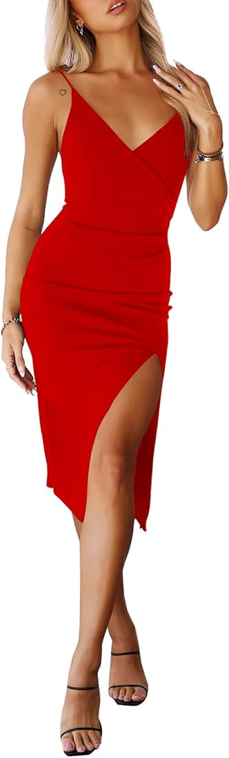WAYMAKER Women's Sexy V Neck Spaghetti Strap Sleeveless Wrap Ruched Side Slit Bodycon Cocktail Pa... | Amazon (US)