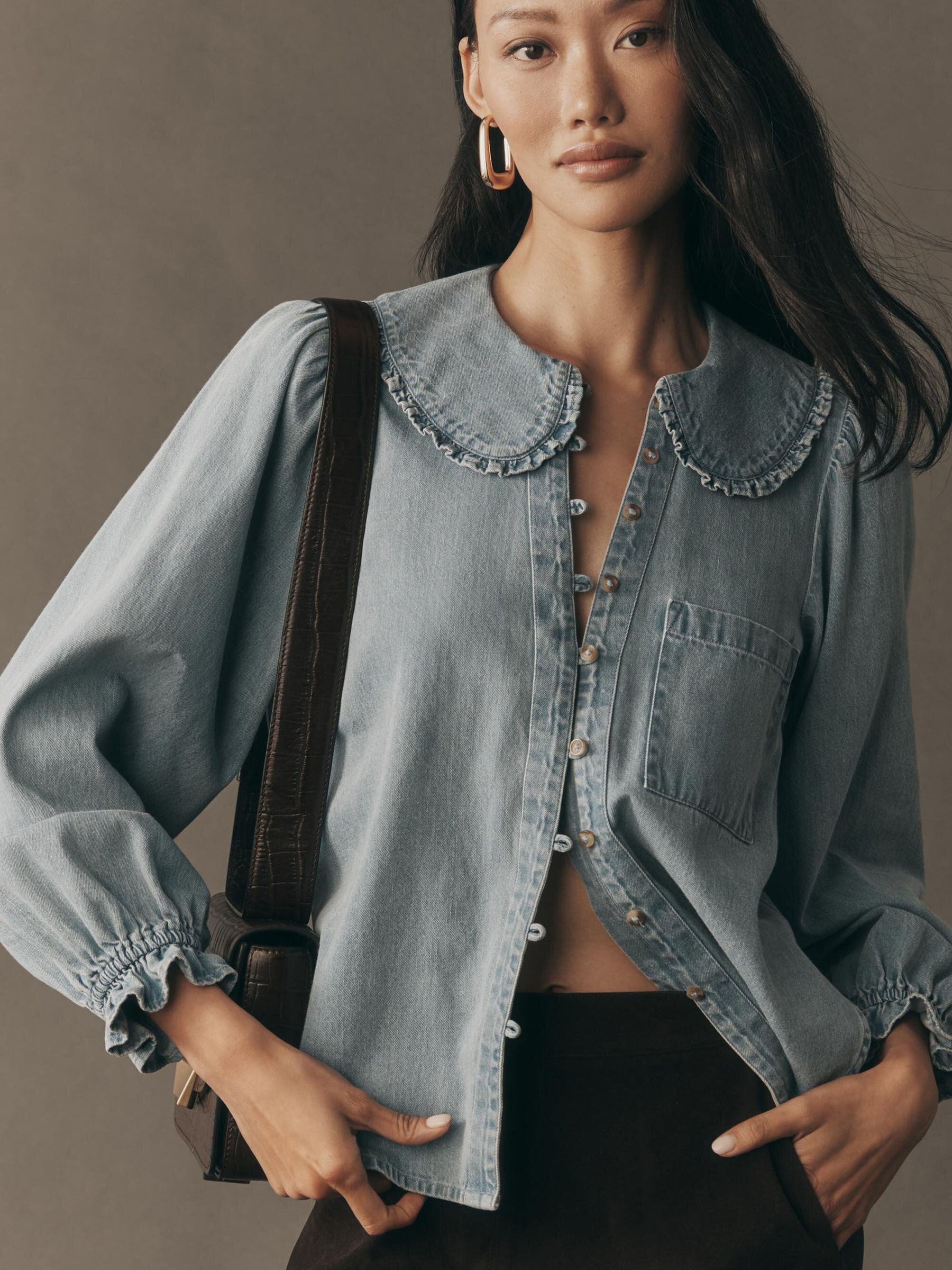 Anthropologie Anthropologie Pilcro The Keira Collared Button-Front Long-Sleeve Denim Edition Blue Blouse | Next US