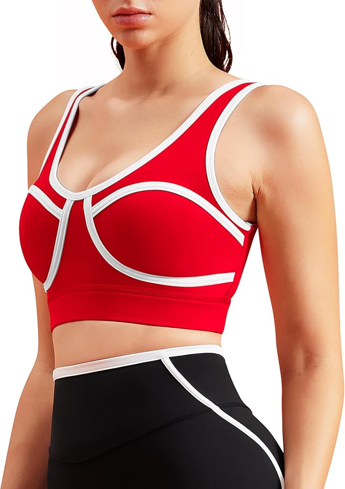 Women Sports Workout Bras Contrast Piping Bras Wirefree Yoga Bra Padded Sports Bra | Amazon (US)