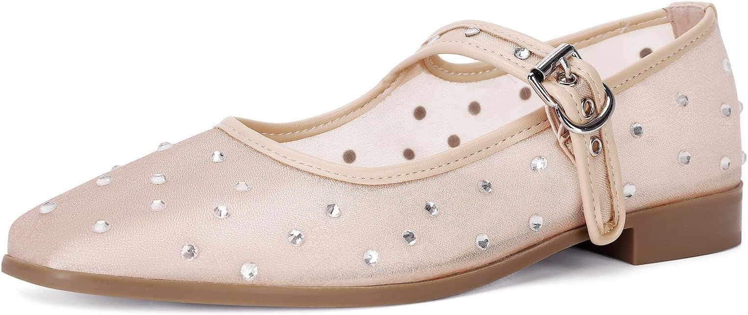 Rhinestone Mary Jane Flats for Women Sparkly Ballet Flats with Buckle Strap Square Toe Embellishe... | Amazon (US)