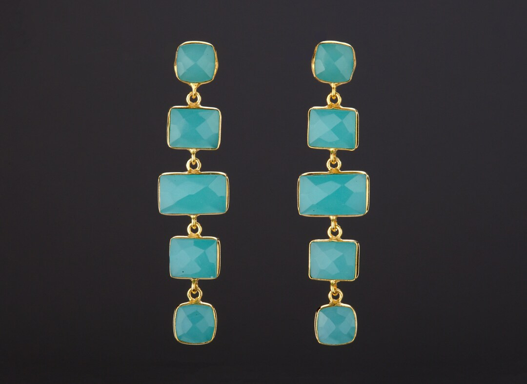 Five Tier Square Peru Chalcedony Earring,long Drop Aqua Chalcedony Earring,dangle Swing Peru Chal... | Etsy (US)
