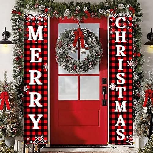 Ivenf Christmas Decorations Outdoor Yard Front Porch Sign Set, Red Black Buffalo Plaid Door Banne... | Amazon (US)