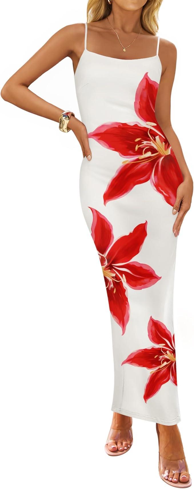 ZESICA Women’s Summer Bodycon Maxi Dresses 2026 Floral Spaghetti Strap Square Neck Sleeveless B... | Amazon (US)