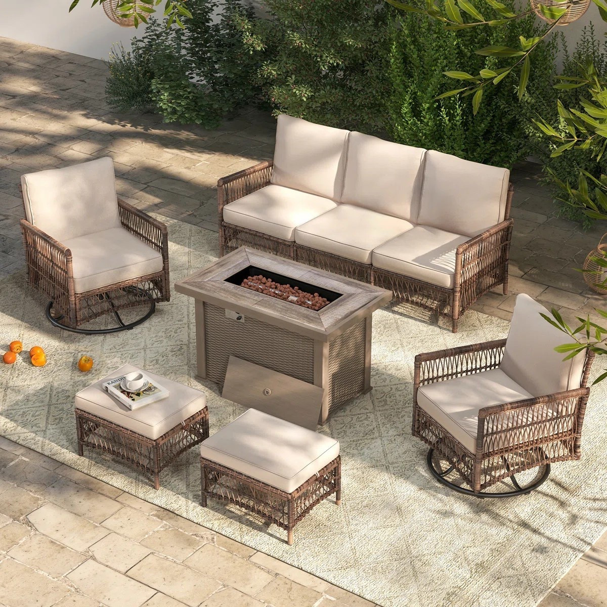 Create a warm, inviting outdoor retreat — the Ashjian wicker patio set with fire pit table and swivel chairs brings comfort, elegance, and effortless entertaining to your space. ON SALE and under $1,500.

Keywords: Outdoor patio set, outdoor patio furniture, outdoor seating group with cushions, outdoor seating group with firepit, patio conversation set, patio future set 

#LTKSaleAlert #LTKmorningroutine #LTKgrwm
