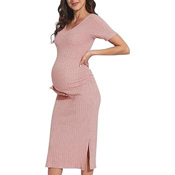 V-Neck Maternity Sweater Dress, Fall Maternity Dress, Long Sleeve Side Ruch Knit Ribbed Maternity... | Amazon (US)