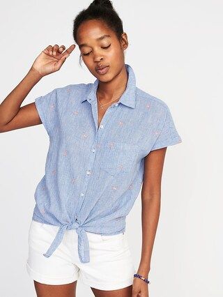 Relaxed Tie-Front Linen-Blend Shirt for Women | Old Navy US