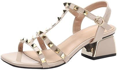 Women's Leather Studded Slingback Chunky Heel Sandals Pumps with Adjustable Ankle Buckle Fashion ... | Amazon (US)