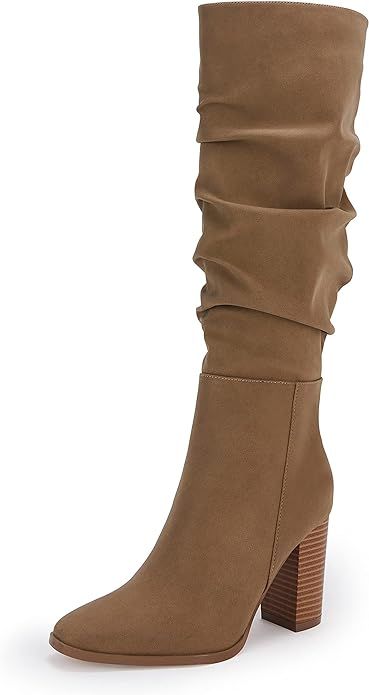 Amazon.com | Coutgo Womens Wide Calf Knee High Boots Chunky Stacked Heel Side Zip Fashion Booties... | Amazon (US)