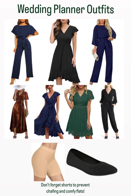 Wedding planner/coordinator outfits. Jumpsuits and wrap dresses with bike shorts to prevent chafing and comfy flats. Bridal  

#LTKunder50 #LTKwedding #LTKstyletip