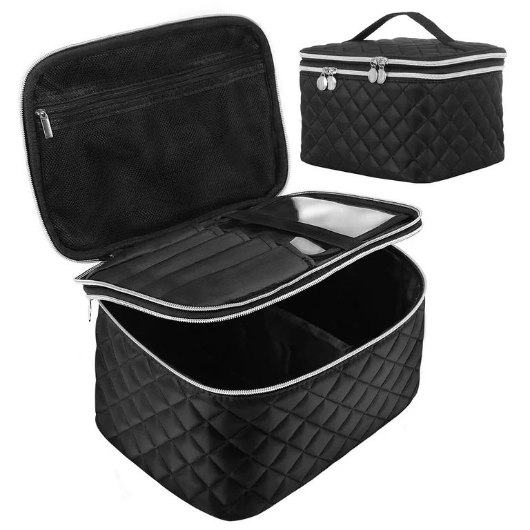 Double Layer Travel Makeup Bag Cosmetic Bag Organizer with Brush Compartment Black | Walmart (US)